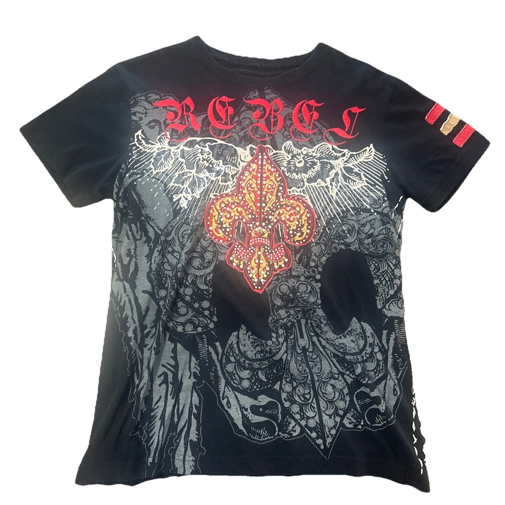 Rebel Spirit Rhinestone Graphic Embroidery T-Shirt - Men's Size M Gothic Y2K